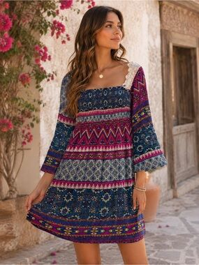 Flying Tomato Boho Printed Dress Size Small | 100% Rayon | Bell Sleeve Unique